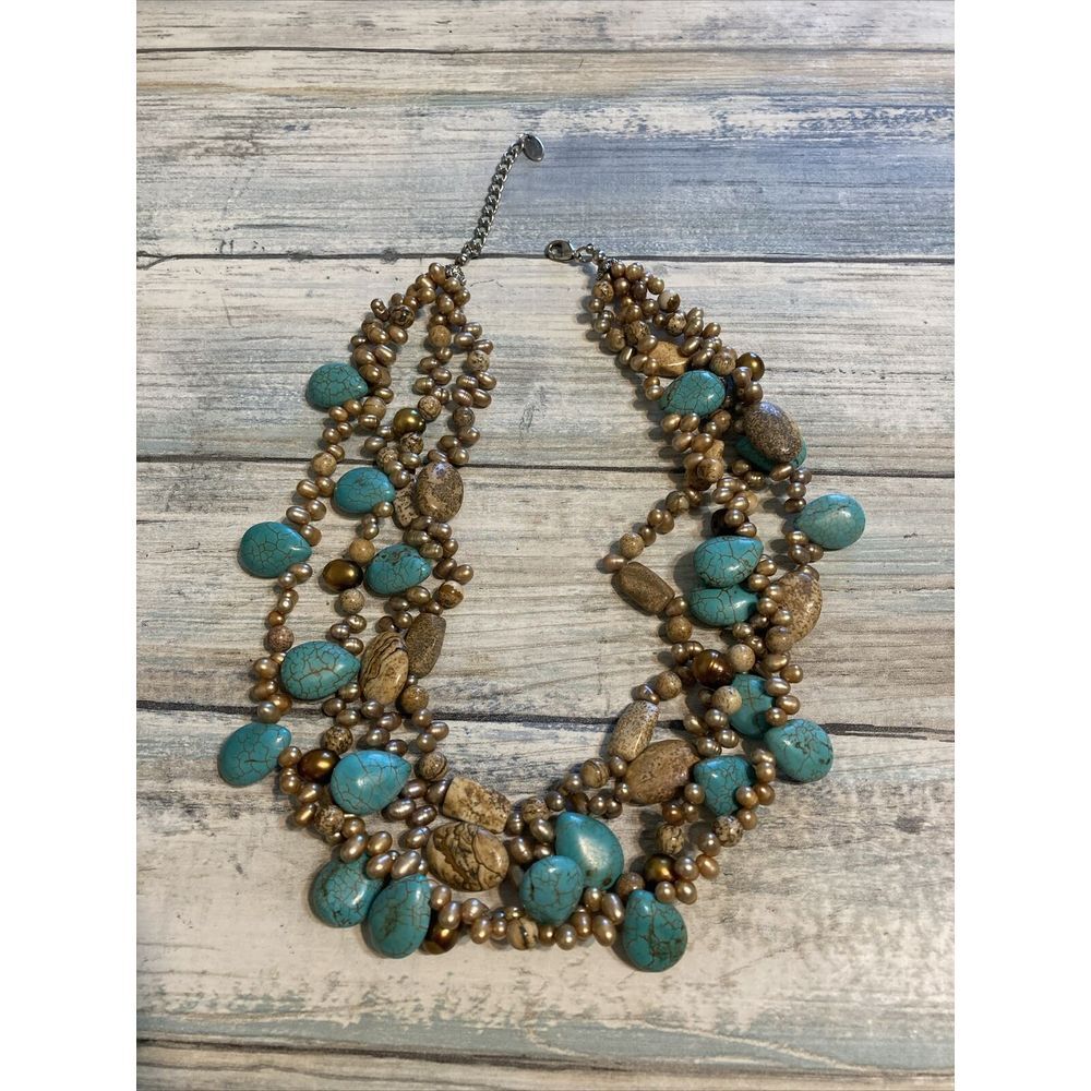 By GRACE‎ Turquoise Freshwater Pearls Necklace 18"BLue Brown NWOT